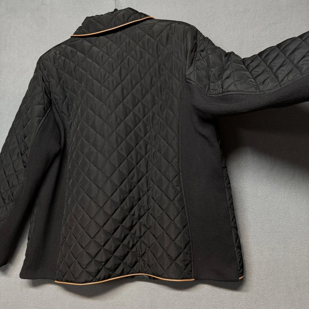 Jones New York Quilted Jacket Tan Trim PXL Black Diamond Stitch Minimalist Chic